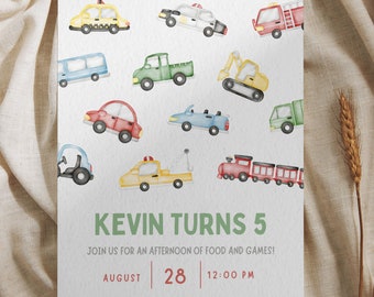 Cars and Truck Birthday Invitation, Watercolor Birthday Invite, Excavator, Boys Party, Editable Digital Template, INSTANT DOWNLOAD