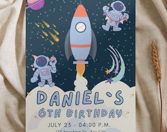 Outer Space Birthday Invitation, Editable Birthday Invite, Space Ship, Astronaut, Boys Party, Editable Digital Template, INSTANT DOWNLOAD