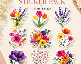 May include: A sticker pack featuring 9 watercolor floral designs, including bouquets of tulips, lavender, poppies, and anemones in vibrant shades of red, orange, yellow, pink, and purple, with the text WATERCOLOR FLOWER STICKER PACK 9 Floral Designs.