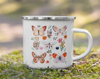 camping mug with butterfly tin Enamel mug Vintage Butterfly enamel mug