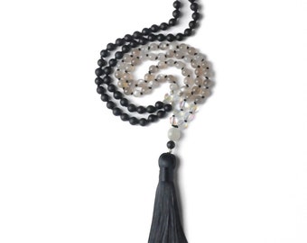 CLEAR INTUITION Mala | AAA Quality Grey Moonstone | Onyx | Rock crystal | 925 Sterling Silver | 108 pearls | Mala | Mala Necklace