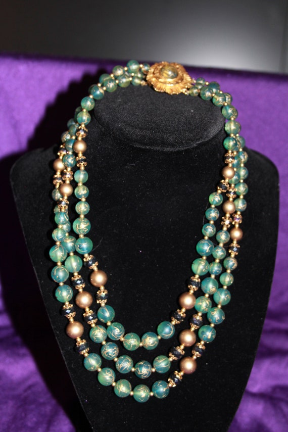 Beautiful Three Strand Green/Gold bead & Black be… - image 1
