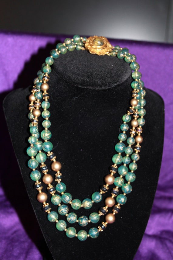 Beautiful Three Strand Green/Gold bead & Black be… - image 3
