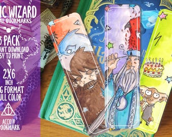 Digitale wizard-bladwijzerset | Set van 3 bladwijzers met magisch thema | Wizard School afdrukbare bladwijzers | Bladwijzerset direct downloaden