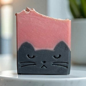 May include: A rectangular bar of soap with a cat face design. The top half is pink, and the bottom half is dark gray, with a cat face carved into it. The soap is sitting on a white, round surface.