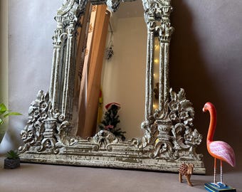 Espejo barroco ornamentado de madera – Espejo antiguo grande de 99 cm con acabado envejecido