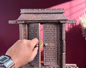 Hand Carved Wood Jharokha Shrine – Miniature Indian Temple Altar, Boho Cabinet