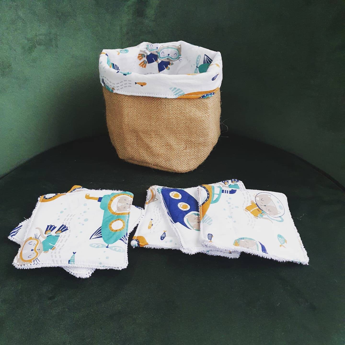 Corbeille Coton et Jute Rangement Bébé Cousu-Main. Motif Chat Scaphandre Sous-Marin. 5 Lingettes Épo