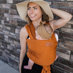 Baby wrap carrier- for newborn and infant-made of cotton and vegan leather- ultra sof- breathable- ergonomic-with pocket (Caramel)