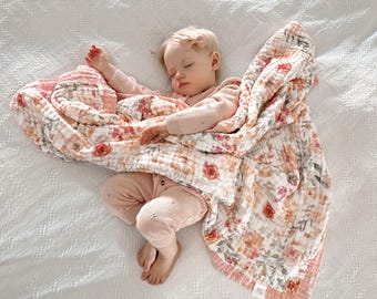 Baby girl 100% soft muslin cotton Quilt blanket, Large 47x43 inch pink, floral, watercolor, boho chic girl blanket