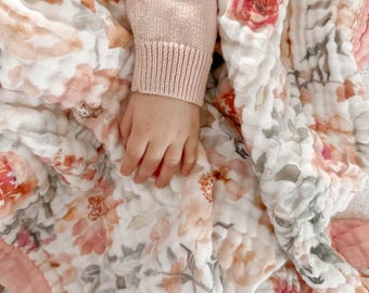 Baby girl 100% soft muslin cotton Quilt blanket, Large 47x43 inch pink, floral, watercolor, boho chic girl blanket