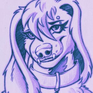 May include: A monochromatic purple pencil sketch of an anthropomorphic dog character with long, floppy ears, expressive eyes, and a collar featuring a star-shaped tag with the word WOOF engraved on it, rendered in a detailed illustrative style.