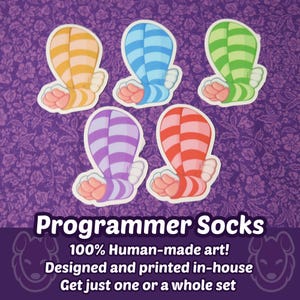 May include: Five colorful stickers of cartoon socks in orange, blue, green, purple, and red with white accents. The stickers are on a purple floral background. Text at the bottom reads "Programmer Socks" and "100% Human-made art!"