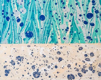 2 Different Handmarbled Papers Set, “Turquoise Blue Duo”, 2x 35 50 cm/ 2x 14”20”