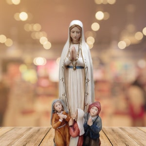 Handmade Wood Our Lady of Fatima w/ the 3 Little Children | Woodwork Statue | Gift