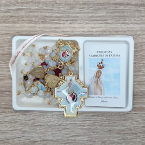Rosario conmemorativo del centenario / Cuentas de cristal con centro de Nuestra Señora de Fátima / Folleto explicando la historia de las apariciones