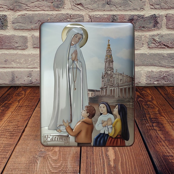 Placa de Plata de Ley pintada a mano - Santuario de Fátima / Nuestra Señora Fátima / Tres Pastorcitos