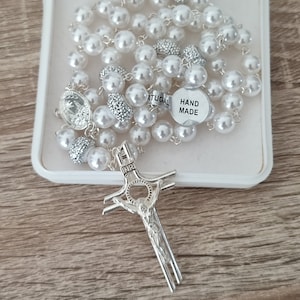 Handmade Pearl Rosary | Pearl Beads w/ Our Lady Fatima Center | White / Pink / Green