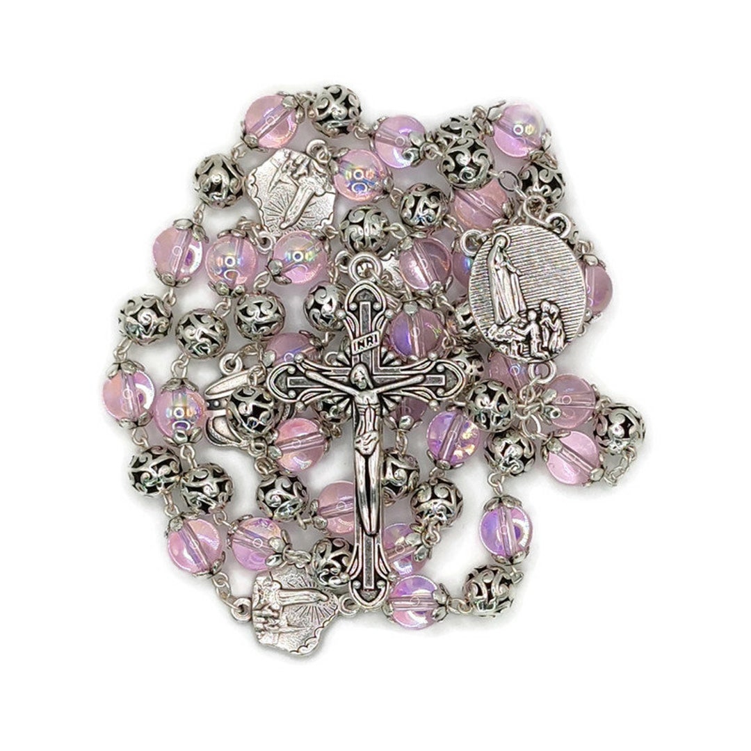 Handmade Pink Glass Rosary Pink Beads W/ Our Lady Fatima Center Gift
