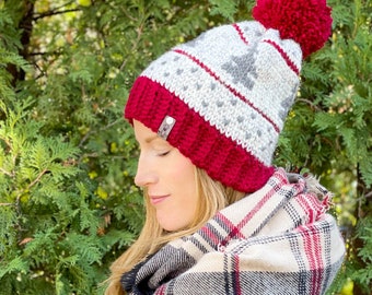 Logan snow pine wool slouchy hat for women in tweed, red and grey with yarn or faux fur pom pom