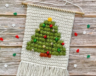 Christmas tree with bell ornaments crocheted bobble wall hanging