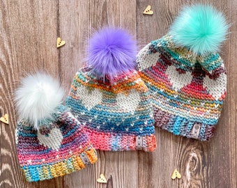 Hadley hearts rainbow baby, toddler and child sized beanie hat for Valentine's Day with removable faux fur pom pom