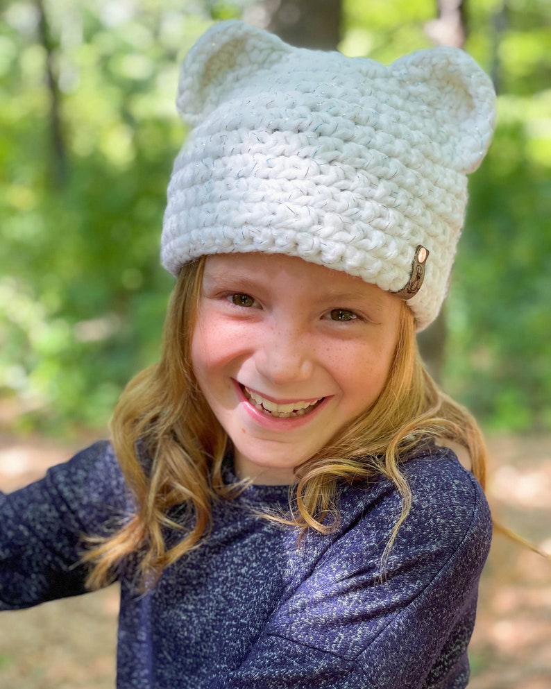 Sara bear ears child and toddler sized hat in sparkling white image 1