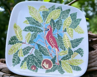 Large pottery 29cm/11 inch handprinted  platter  with 24k gold. Ceramic  platter with red bird . Handbuilt clay plate with plants.