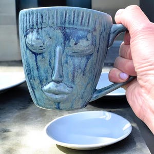 Hand-Sculpted Ceramic Face Mug 600g ,Oversized Artisan Coffee Cup Unique Pottery Gift Matte Blue Glaze ,Functional Art