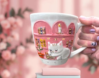 Handmade Porcelain  Collection Cat Mug – 600 ml Pink Cozy Library Cup with Gold Details, Cute Ceramic Coffee Mug