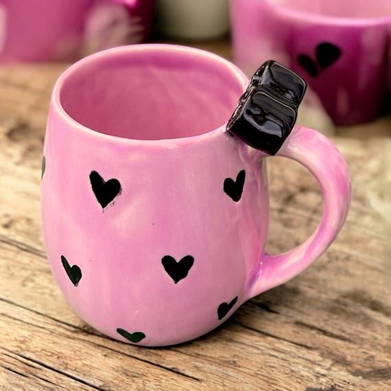 Pink mug with hearts, Coquette Pink Bow Mugs, Handpainted hearts mug, Earthenware mug with bow, Cute mugs handmade, Mug for girlfriend