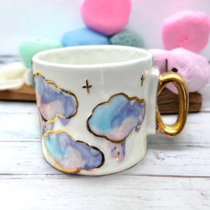 Mug with clouds, handmade mug, handpainted colorful cloud mugs, cute mugs handmade, mug for girlfriend, white ceramic mug, friend gift idea