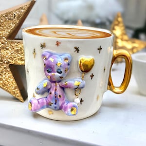 Tazza in ceramica con simpatico orso, tazza 3D in oro 24k, tazza dipinta a mano, tazza in ceramica fatta a mano, regalo per ragazze, regalo di San Valentino per moglie o fidanzata