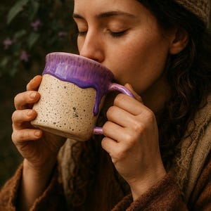 Purple with beige pottery mugs, abstract stoneware mug, ceramic mug handmade pottery, pottery mug gift, girls cute mugs, housewarming gifts