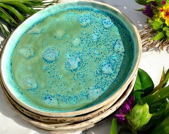 Green pottery plate, green ceramic plate set, green plates for wall, green ceramic dinner plate, handmade plates set, pottery plate set