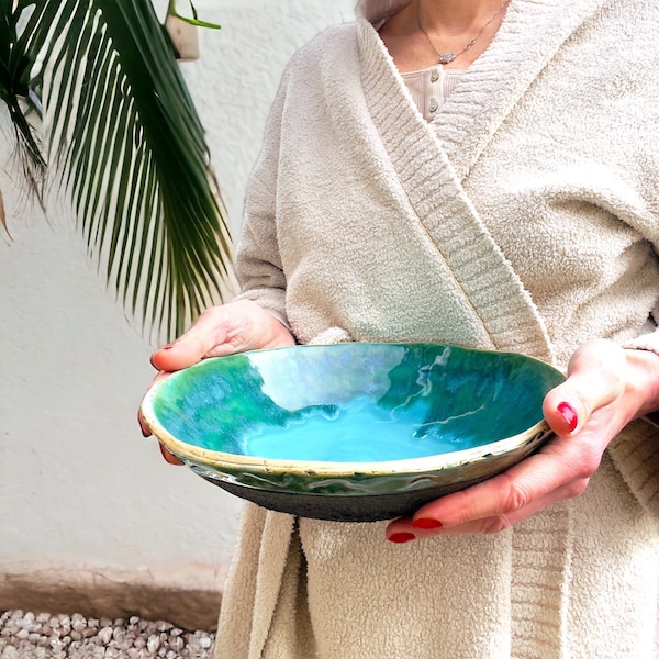 Handmade Forest Blue  Large Stoneware  Organic bowl, Volcanic touch pottery bowl, fruit bowl, modern ceramics, rustic ceramics