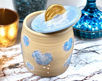 Handmade stoneware  Pottery Sugar Pot, lidded jar with gold