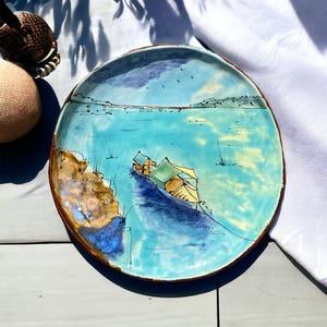 Boat handmade plate, pottery plates, ceramic plates handmade, handpainted ocean - sea plates, wall plates green with blue, houdewarming gift