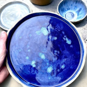 Blue pottery plate, blue ceramic plate set, blue plates for wall, blue ceramic dinner plate, handmade plates set, pottery plate set