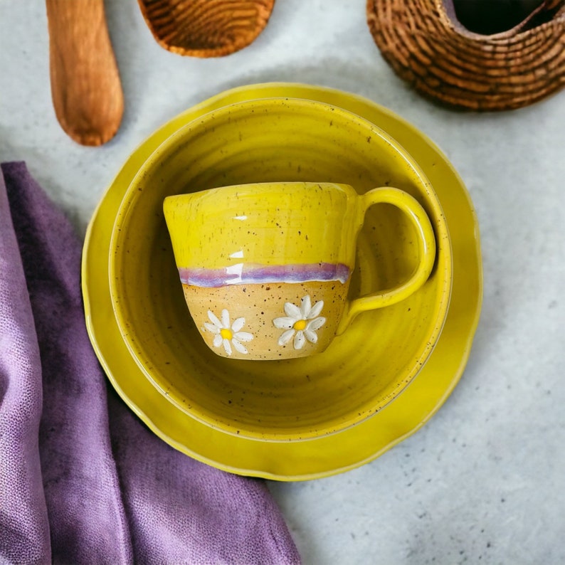 Dinnerware 3 pieces pottery set ,ceramic pitcher, stoneware plate, speckled pottery bowl image 1