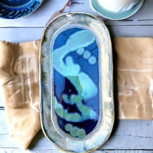 Stoneware serving platter, abstract blue serving platter, handmade serving platter, platter and tray, cheese plate ceramic, pottery platter