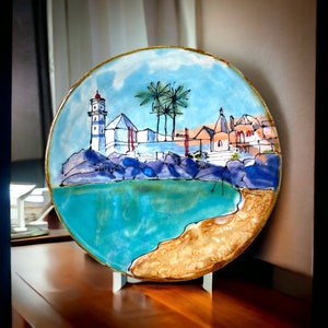 Handpainted ocean or sea plates, wall plates green with blue, seashore handmade plate, pottery plates, ceramic plates handmade