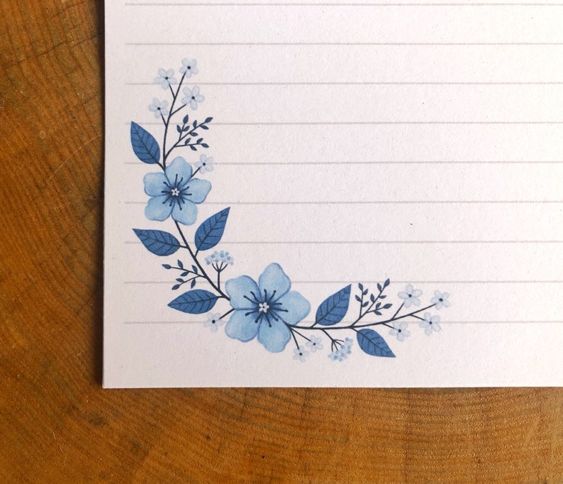 Blue Floral Writing Paper A4 and A5 sizes, lined and blank, JW letter writing, penpalling image 6