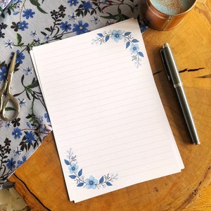 Blue Floral Writing Paper - A4 and A5 sizes, lined and blank, JW letter writing, penpalling