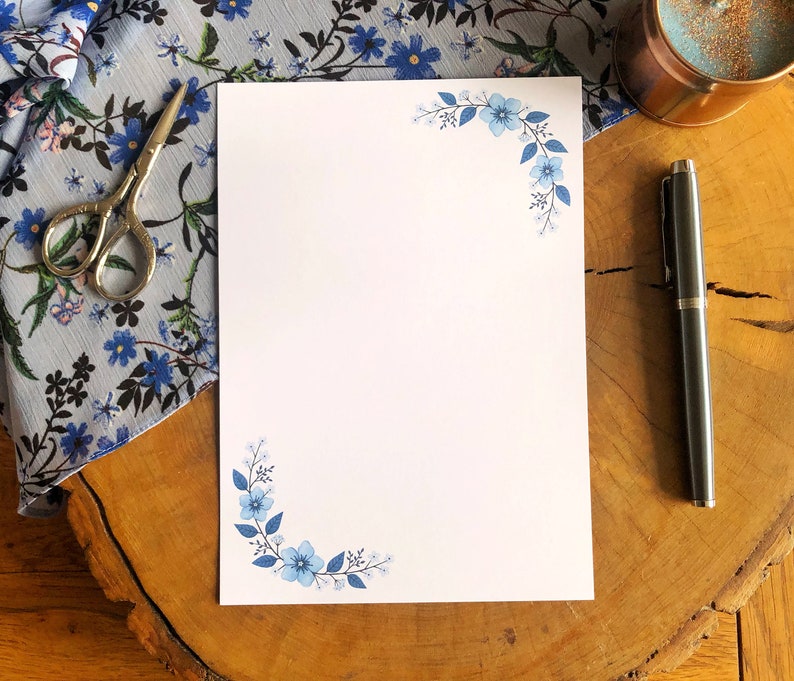 Blue Floral Writing Paper A4 and A5 sizes, lined and blank, JW letter writing, penpalling image 2