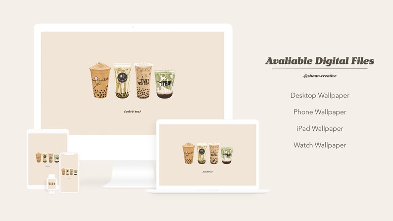 May include: A digital illustration of four different bubble tea drinks in cups with various toppings. The cups are arranged in a row on a light brown background. The text "Bubble Tea Time!" is written below the cups.