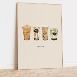 May include: Four different bubble tea drinks in clear cups with colorful lids and boba pearls. The cups are labeled "Brown Sugar", "OU", "Just Tea", and "TEAH". The text "buh-bl tee/" is written below the cups.