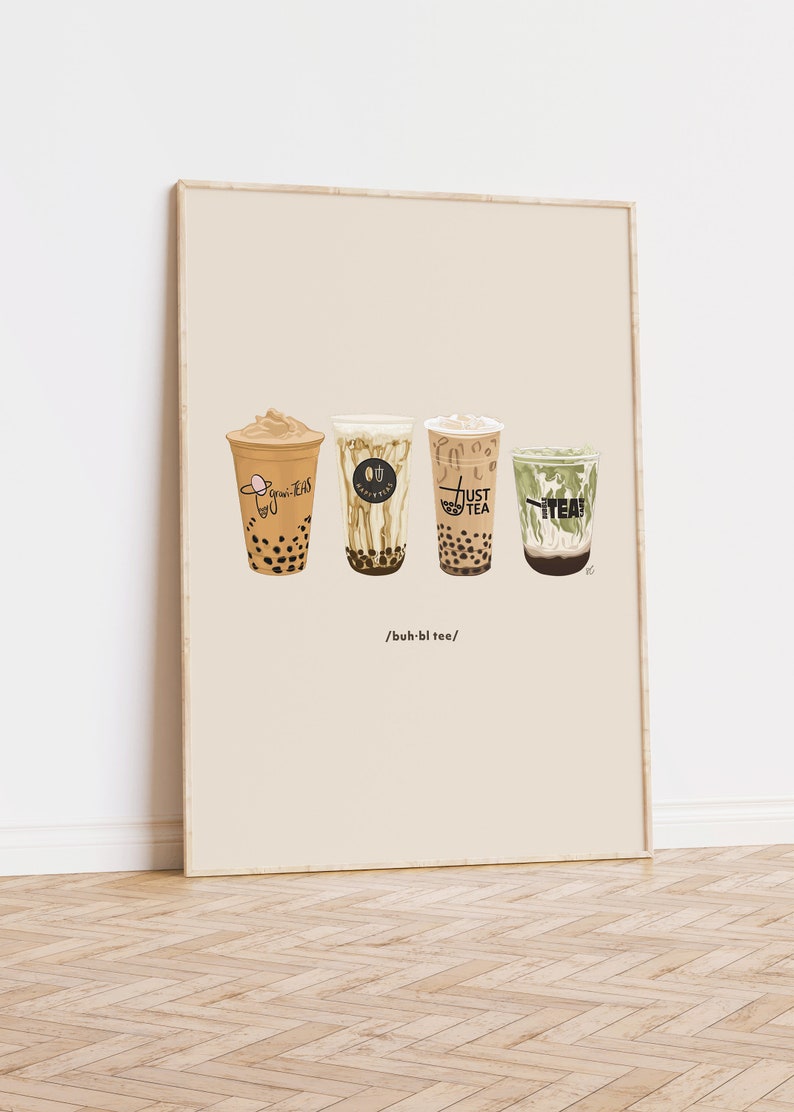 May include: Four different bubble tea drinks in clear cups with colorful lids and boba pearls. The cups are labeled "Brown Sugar", "OU", "Just Tea", and "TEAH". The text "buh-bl tee/" is written below the cups.