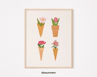 FLOWER CONE COLLECTION | Ice Cream Boquet | Summer Illustration | Dessert Poster | Sweets Artwork | Waffle Cone | Florals | Tulip | Peony
