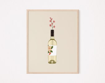 White Wine x Flower | Bar Cart | Bar Art | Digital Downloads | Home Decor | Rose | Pink Wine | Kitchen Art | Bottle Art | Wine Bottle